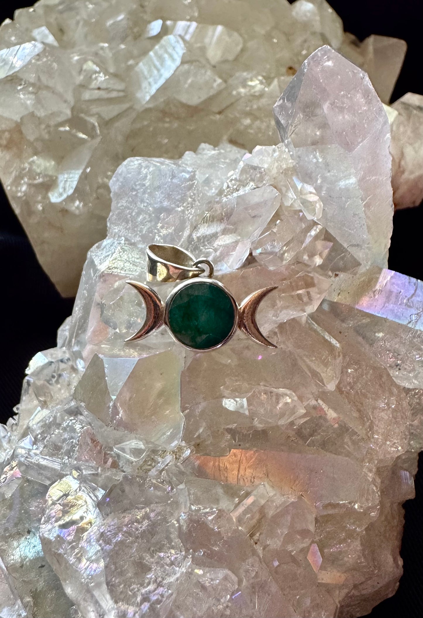 🌙💚 Colgante Triple Diosa en Plata con Esmeralda 💚🌙