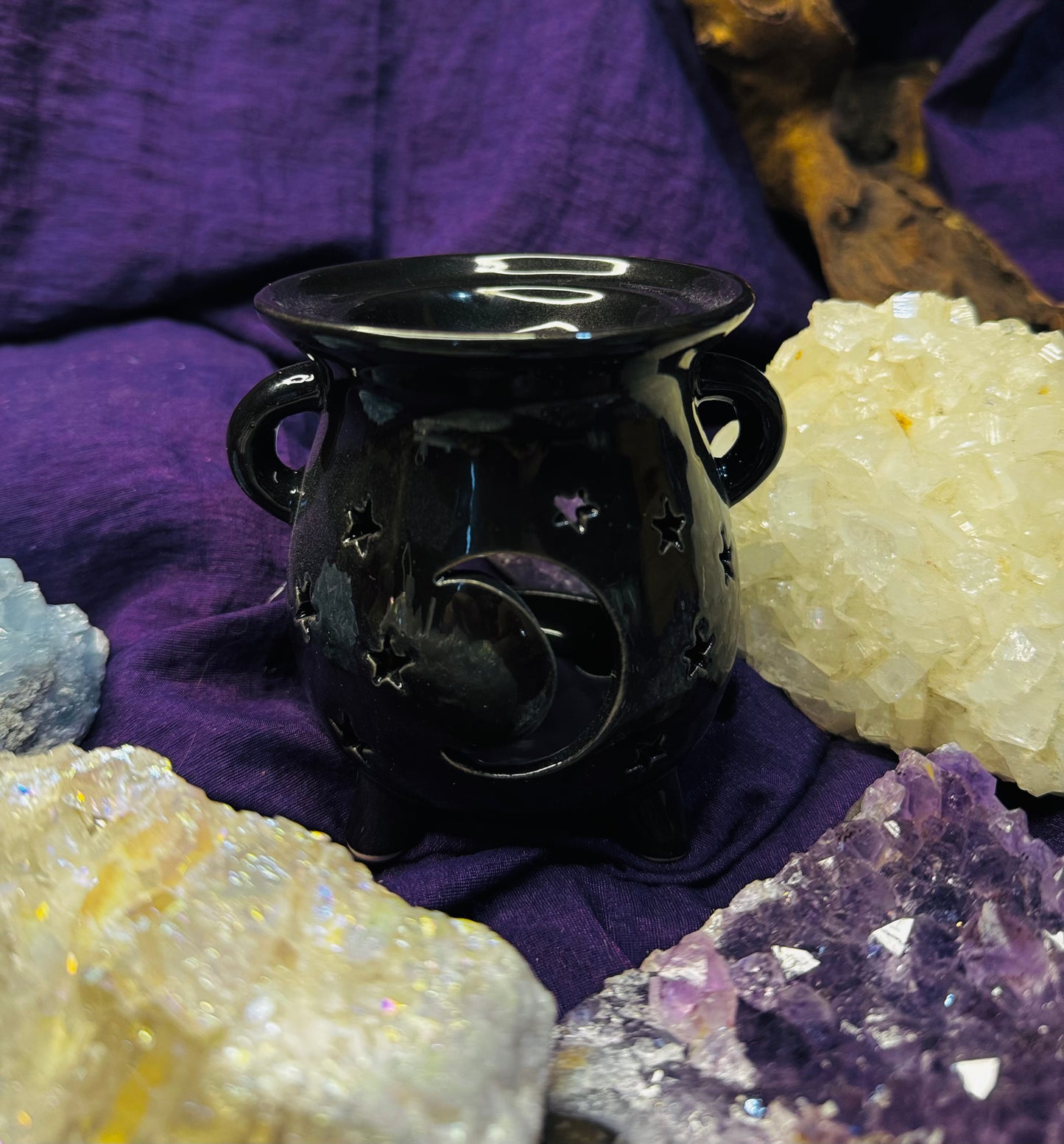 🖤 Quemador de aceite Caldero Lunar Estrellado – Negro