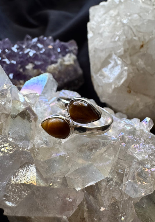 💍🔥 Anillo Ajustable de Plata con Doble Ojo de Tigre 🔥💍