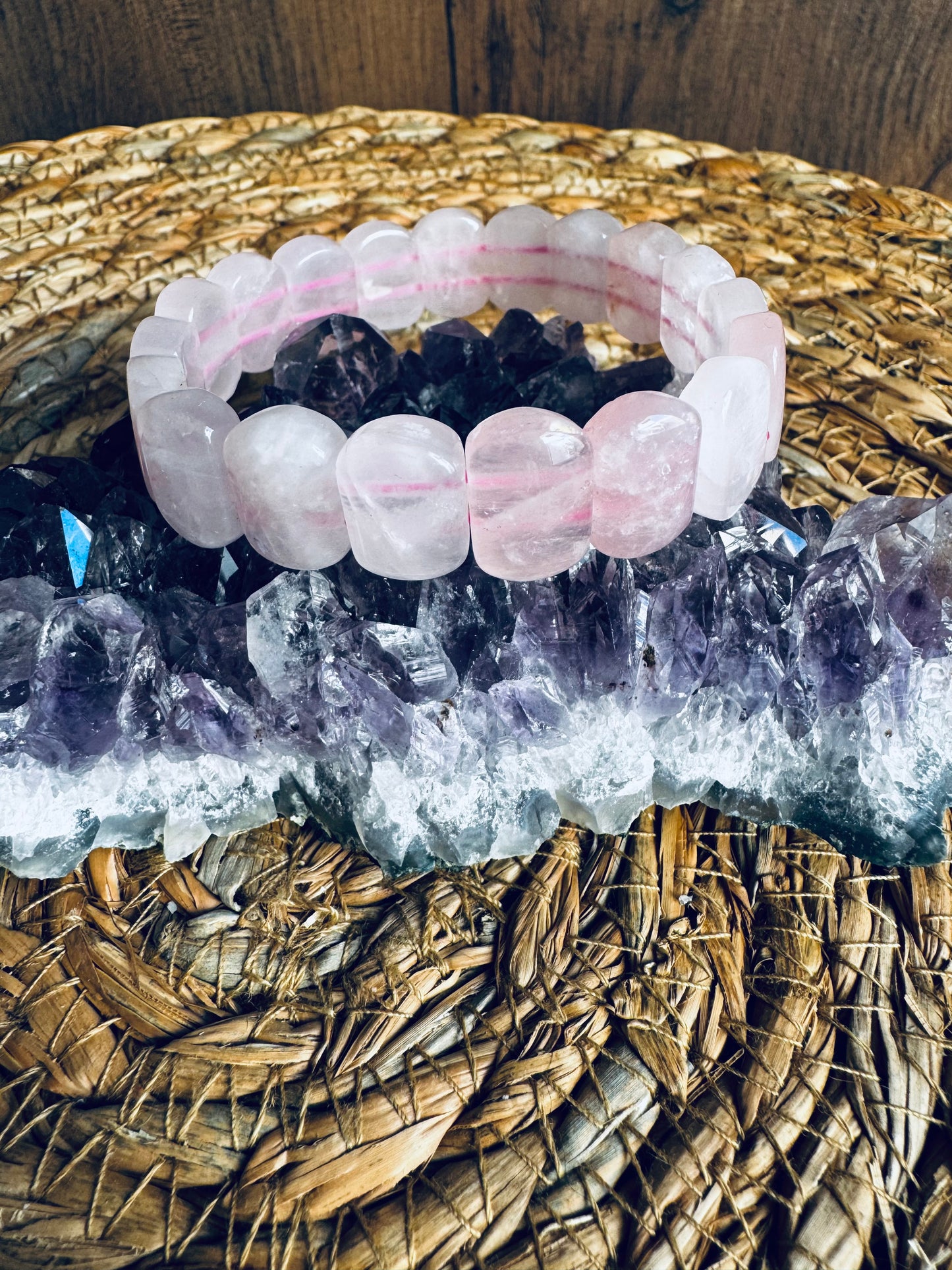 🩷Pulsera de Cuarzo Rosa – Cuenta cuadrada