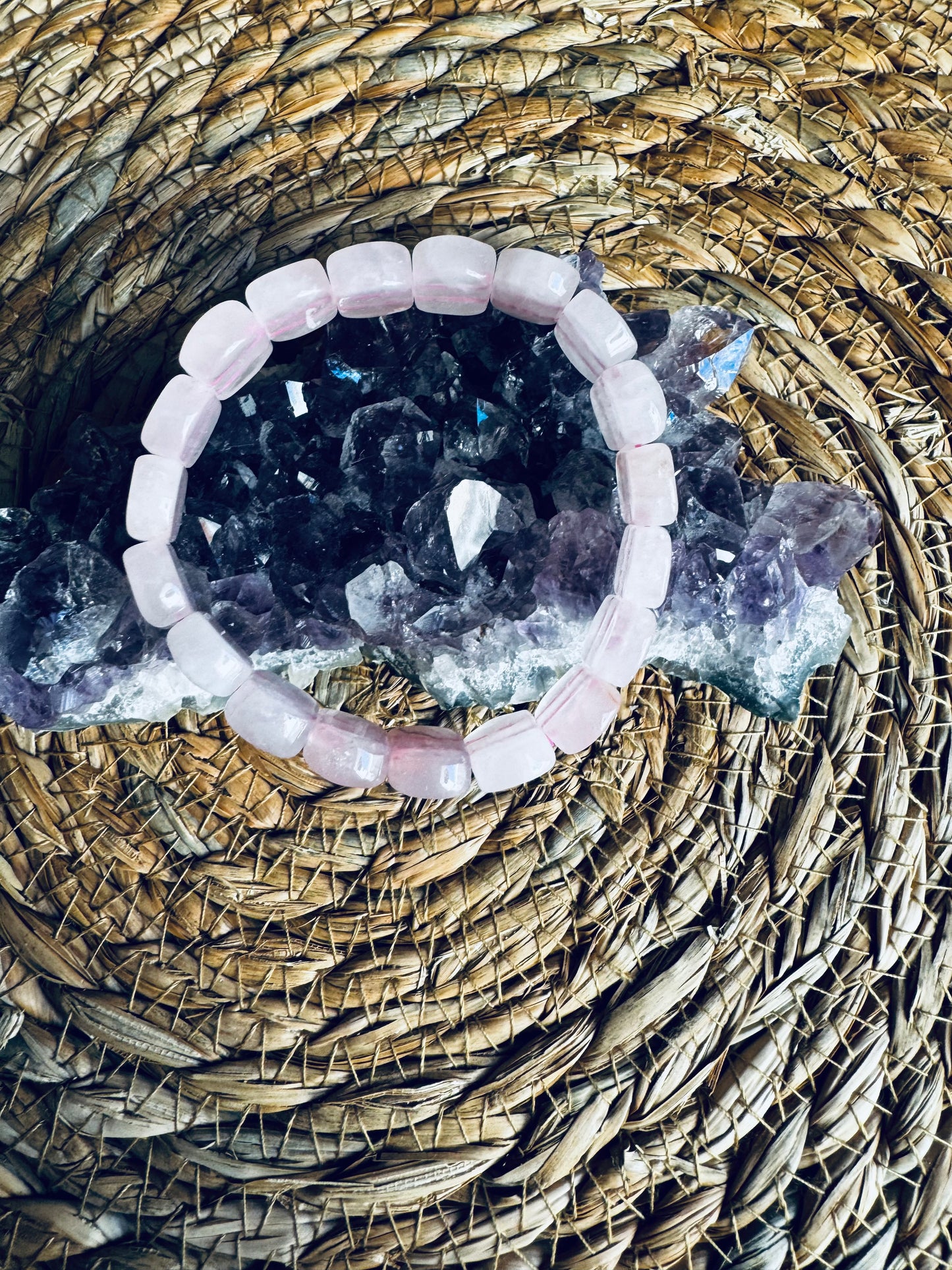 🩷Pulsera de Cuarzo Rosa – Cuenta cuadrada