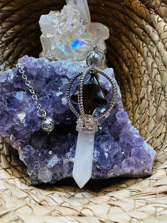 🔶 Péndulo Merkaba de Ojo de Tigre con Punta de Cuarzo Blanco – “Guardián Solar” ☀️