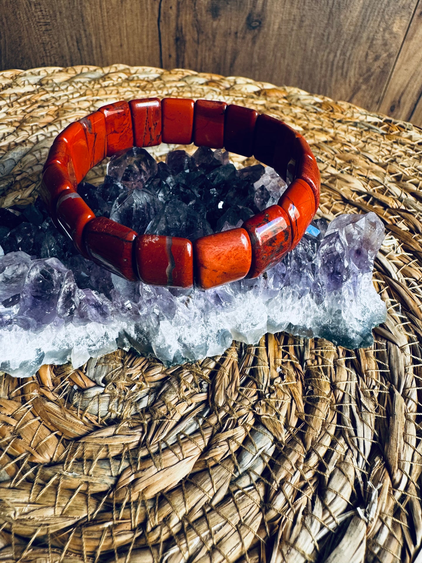 🧡Pulsera de Jaspe Rojo con Jaspe Sardo – Cuenta cuadrada
