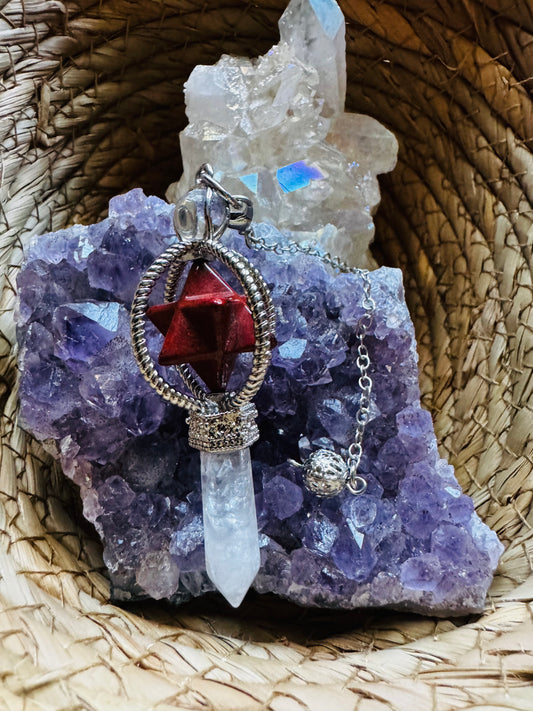 ❤️ Péndulo Merkaba de Jaspe Rojo con Punta de Cuarzo Blanco – “Corazón de la Tierra” 🌍