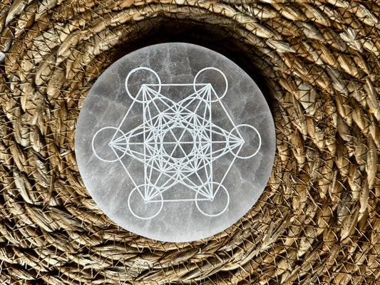 ✨ Placa Circular de Selenita · Cubo de Metatrón · 10 cm