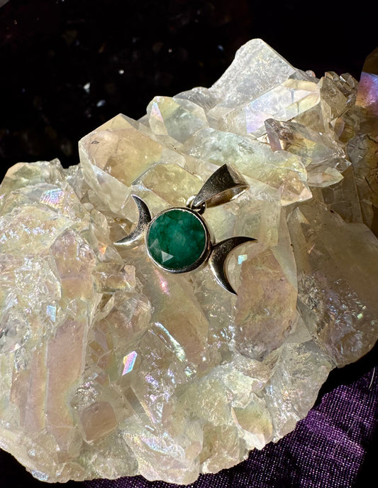 🌙💚 Colgante Triple Diosa en Plata con Esmeralda 💚🌙