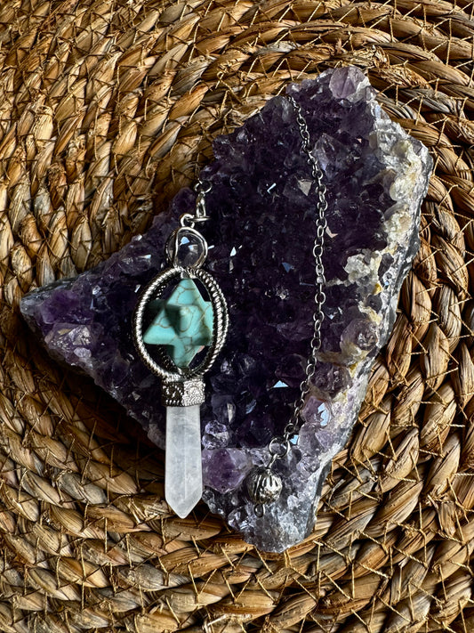 🔯 Péndulo Merkaba de Turquesina con Punta de Cuarzo Blanco – Protección, claridad y expansión espiritual 🔯