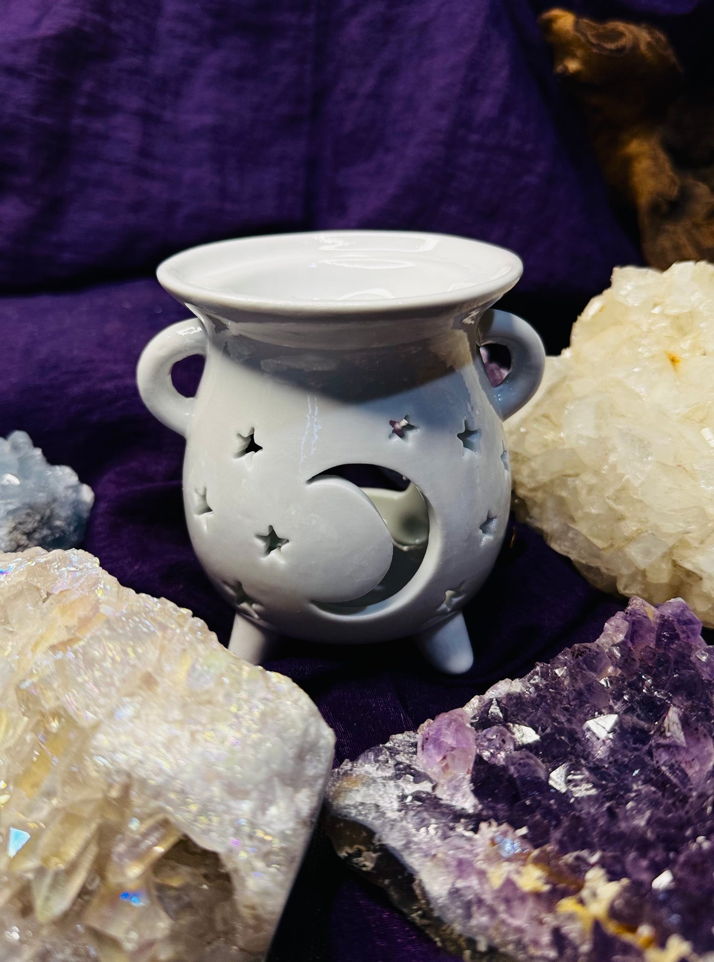 🤍 Quemador de aceite Caldero Lunar Estrellado – Blanco