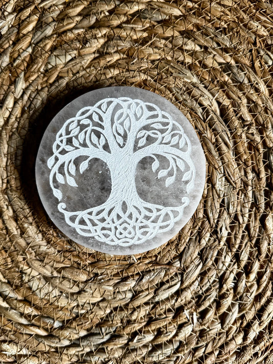 ✨ Placa Circular de Selenita · Yggdrasil · 10 cm