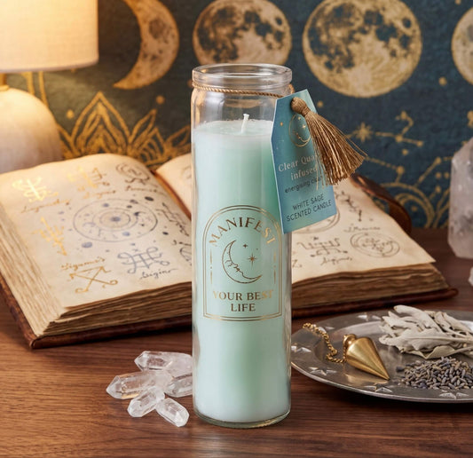 Vela Ritual Salvia Blanca con Cuarzo – Manifiesta la Vida que Deseas ✨🔮